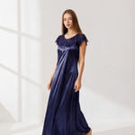 Midnight Blue Satin Lace Maxi Nightdress | Luxury Women's Sleepwear
