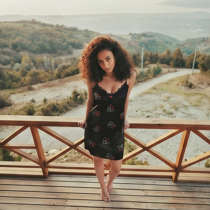Woman in a black dress with colorful patterns standing on a wooden deck overlooking a scenic landscape.
