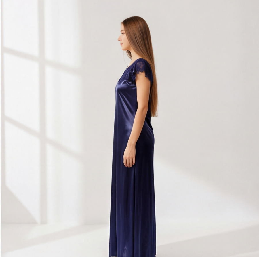 Midnight Blue Satin Lace Maxi Nightdress | Luxury Women's Sleepwear
