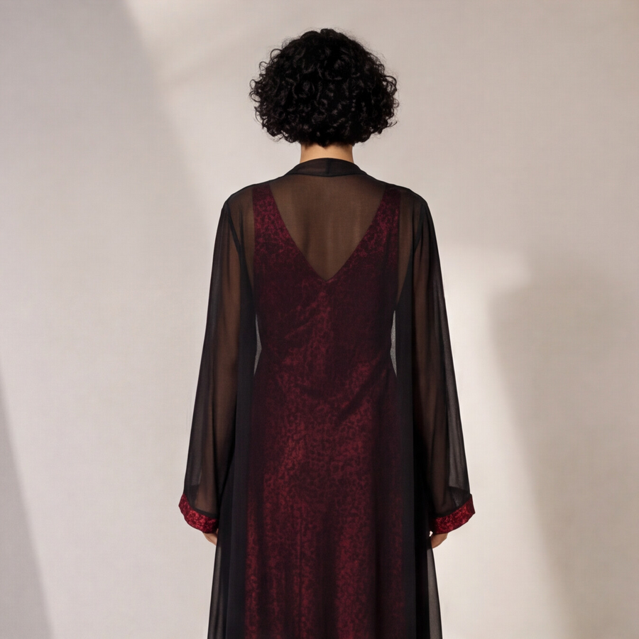 Women's Crimson Print Nightdress & Sheer Robe Set