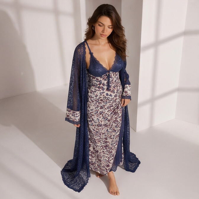 Women's Navy Lace Robe & Floral Maxi Nighty Set