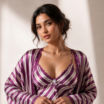 Royal Plum Satin Stripe Nightdress & Robe Set | Luxury Women's Sleepwear