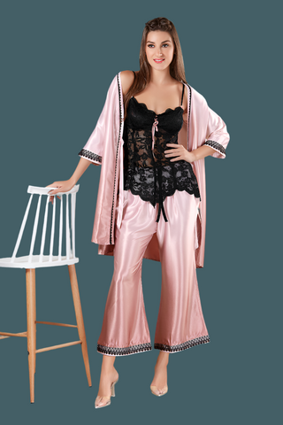 Skkinvalue’s Silky Satin with lace fabric 3 Pcs Night Suit Set Short Slip,Pajama With Short Robe for Women