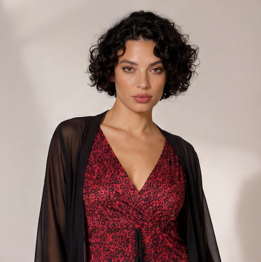 Women's Crimson Print Nightdress & Sheer Robe Set