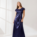 Midnight Blue Satin Lace Maxi Nightdress | Luxury Women's Sleepwear