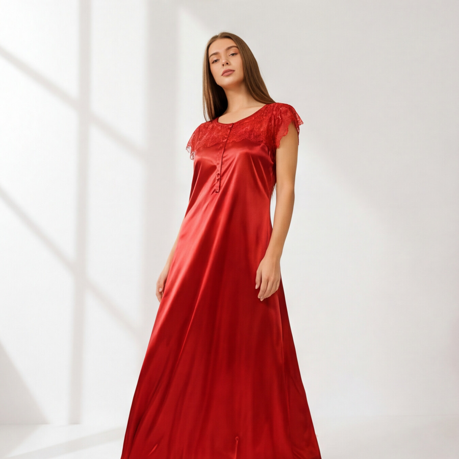 Scarlet Red Satin Lace Maxi Nightdress | Luxury Women's Sleepwear