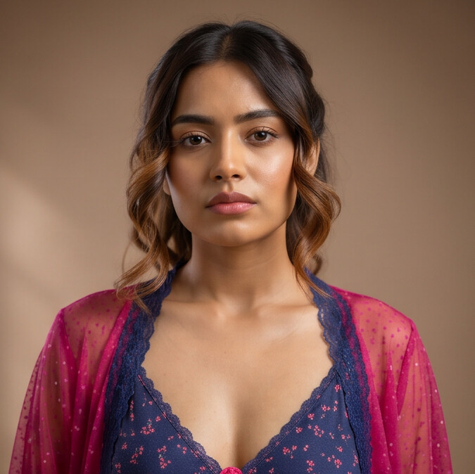 Women's Floral Maxi Nighty with Sheer Robe – Navy Blue & Fuchsia Pink