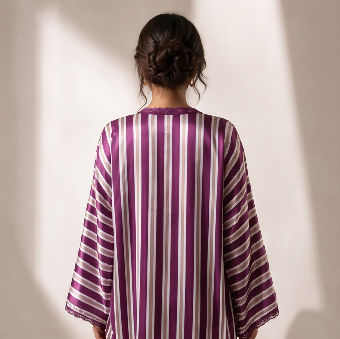 Royal Plum Satin Stripe Nightdress & Robe Set | Luxury Women's Sleepwear