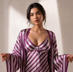 Royal Plum Satin Stripe Nightdress & Robe Set | Luxury Women's Sleepwear