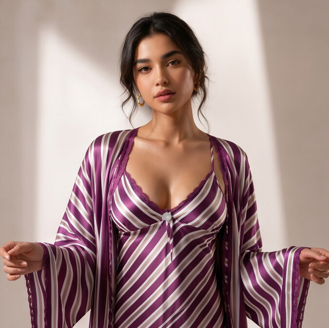 Royal Plum Satin Stripe Nightdress & Robe Set | Luxury Women's Sleepwear