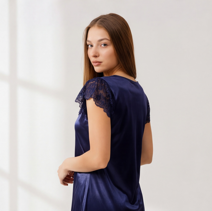 Midnight Blue Satin Lace Maxi Nightdress | Luxury Women's Sleepwear