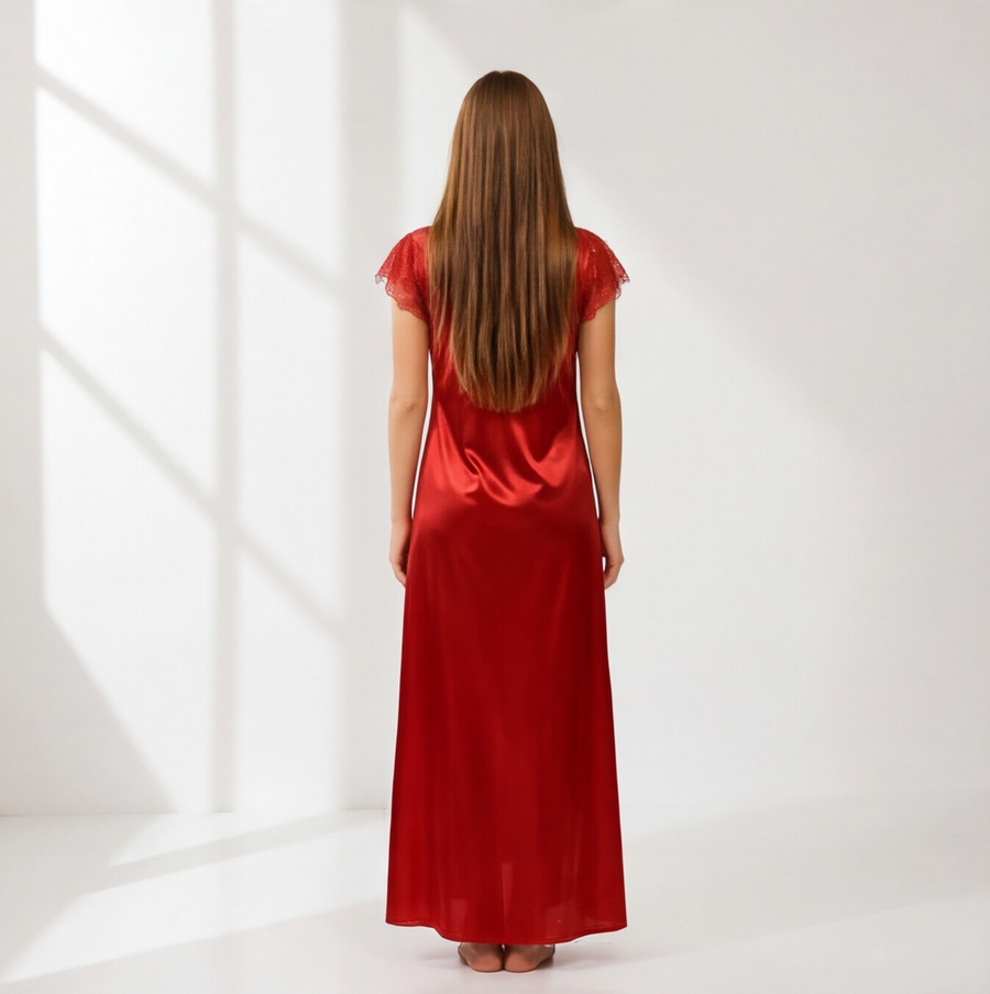 Scarlet Red Satin Lace Maxi Nightdress | Luxury Women's Sleepwear