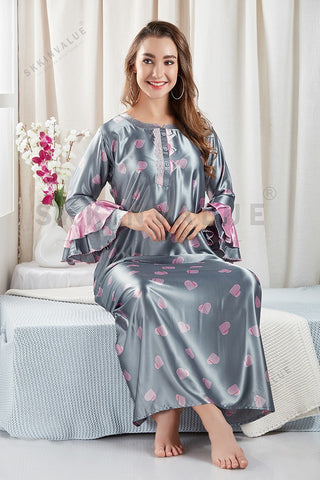 Skkinvalue’s soft satin Printed long sleeves Slim Fit nighties