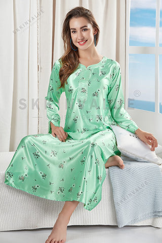 Skkinvalue’s soft satin Printed long sleeves Slim Fit nighties