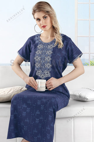 skkinvalue”s spun fabric  Print with Embroidered Maxi Nighty for women