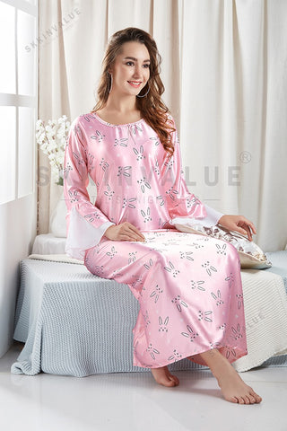 Skkinvalue’s soft satin Printed long sleeves Slim Fit nighties