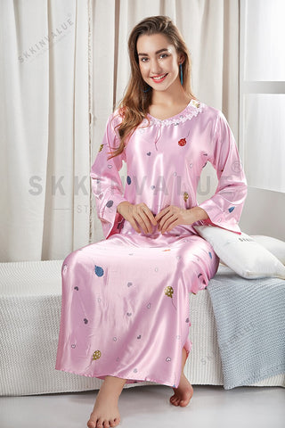 Skkinvalues Super Soft Satin new print Long Sleeve Nighty nightgown For Women's