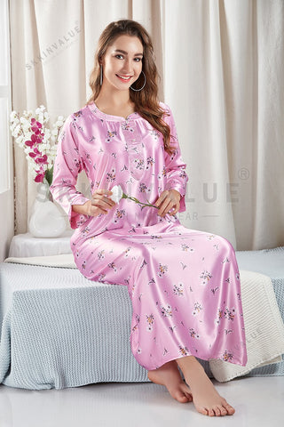 Skkinvalue’s soft satin Printed long sleeves Slim Fit nighties