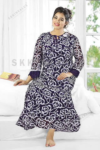 New Arrivals Skkinvalue”s Fancy Long Sleeve Lace Net Fabric Printed Stylish Nighty Gown for women