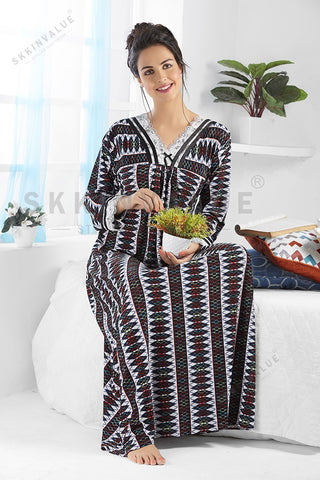 Skkinvalue’s soft & silky Lycra fabric Long sleeves Printed Maxi Nightgown Long Nighty Sleepwear for Ladies Super Soft Comfortable Design