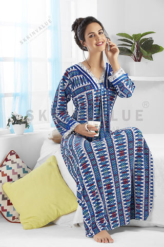 Skkinvalue’s soft & silky Lycra fabric Long sleeves Printed Maxi Nightgown Long Nighty Sleepwear for Ladies Super Soft Comfortable Design