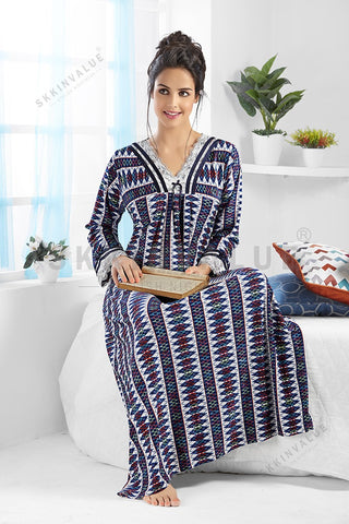 Skkinvalue’s soft & silky Lycra fabric Long sleeves Printed Maxi Nightgown Long Nighty Sleepwear for Ladies Super Soft Comfortable Design