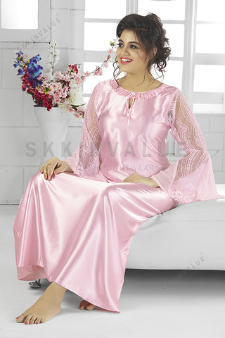 Skkinvalue’s Super Soft Plain Satin With Net Long Sleeve Nighty For Women's