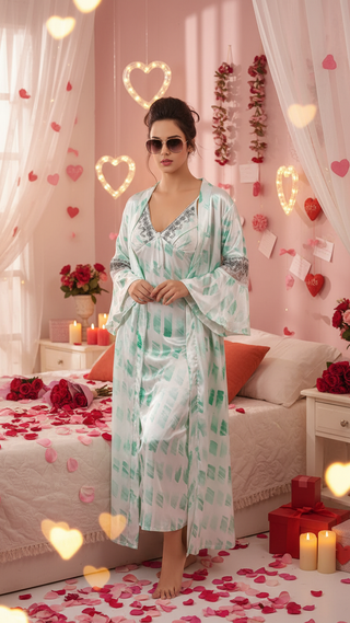 Bridal sleepwear Printed silk Long 2 Pcs Sets Valentine Special
