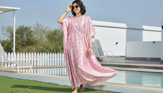 Flowy Pastel Print Satin Kaftan Dress | Lounge & Resort Wear