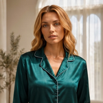 Woman wearing a teal satin pajama top in a softly lit room.