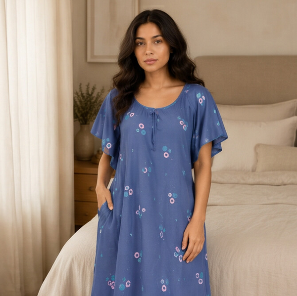 Woman wearing a blue floral nightgown in a bedroom setting