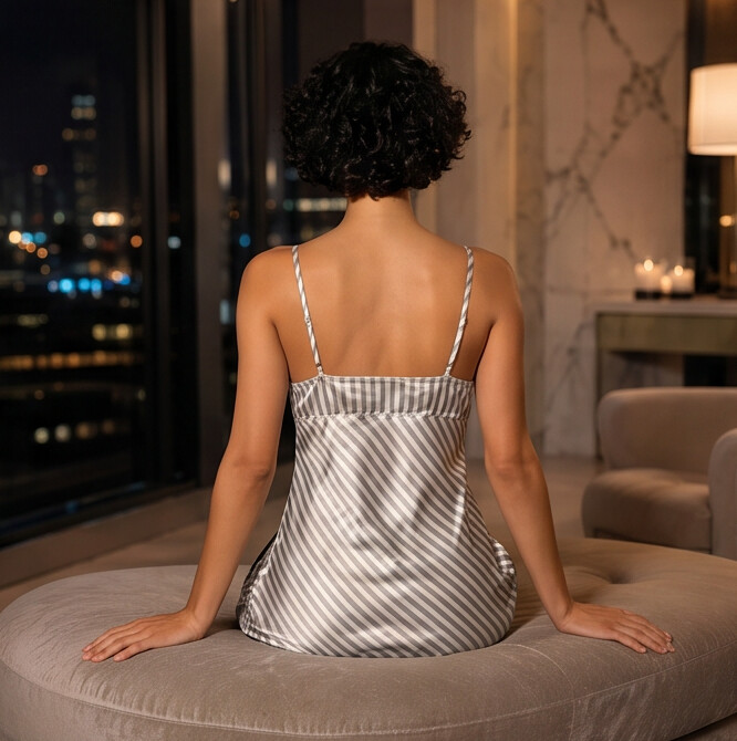 Woman in a striped dress sitting on a couch with a cityscape view in the background