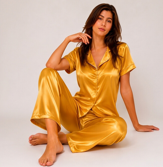 Woman wearing a gold satin pajama set on a plain background
