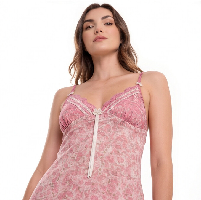 Woman wearing a pink floral nightgown on a white background
