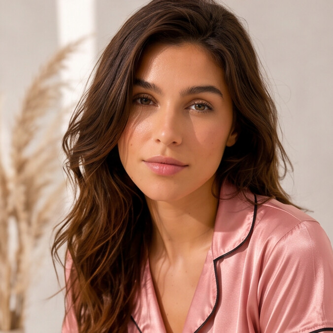 Woman wearing a pink satin robe with a neutral background