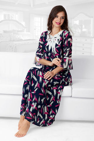 Skkinvalue’s super soft printed power net fabric stylus 3/4 Sleeve Stylish with lining 1 Pcs Nighty Gown for women