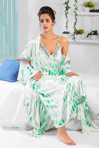 Skkinvalue’s Bridal Nightwear Printed Satin Long 2 Pcs Sets For Women