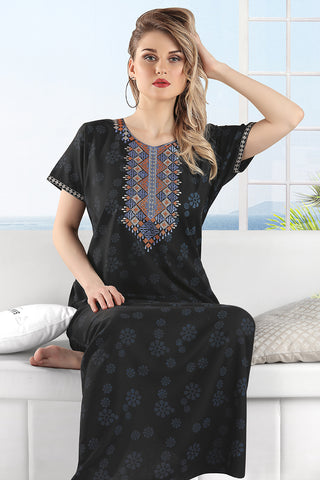 Skkinvalue’s long nighty for women with embroidery on the neck